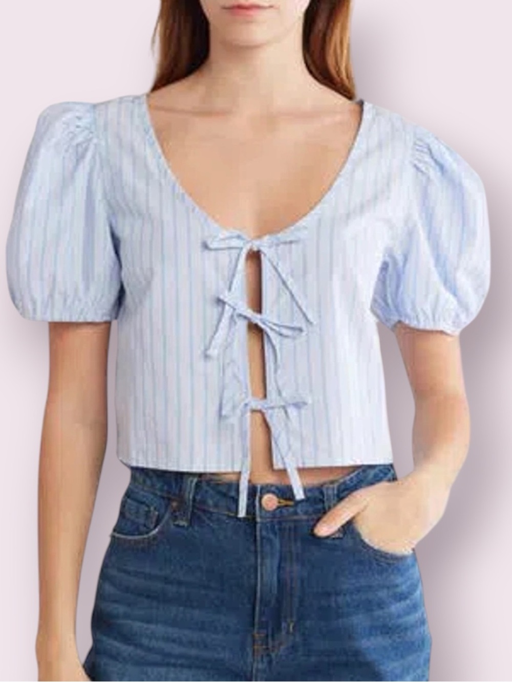 Abound Tie Front Cotton Poplin Crop Top Blue Stripes Size Medium